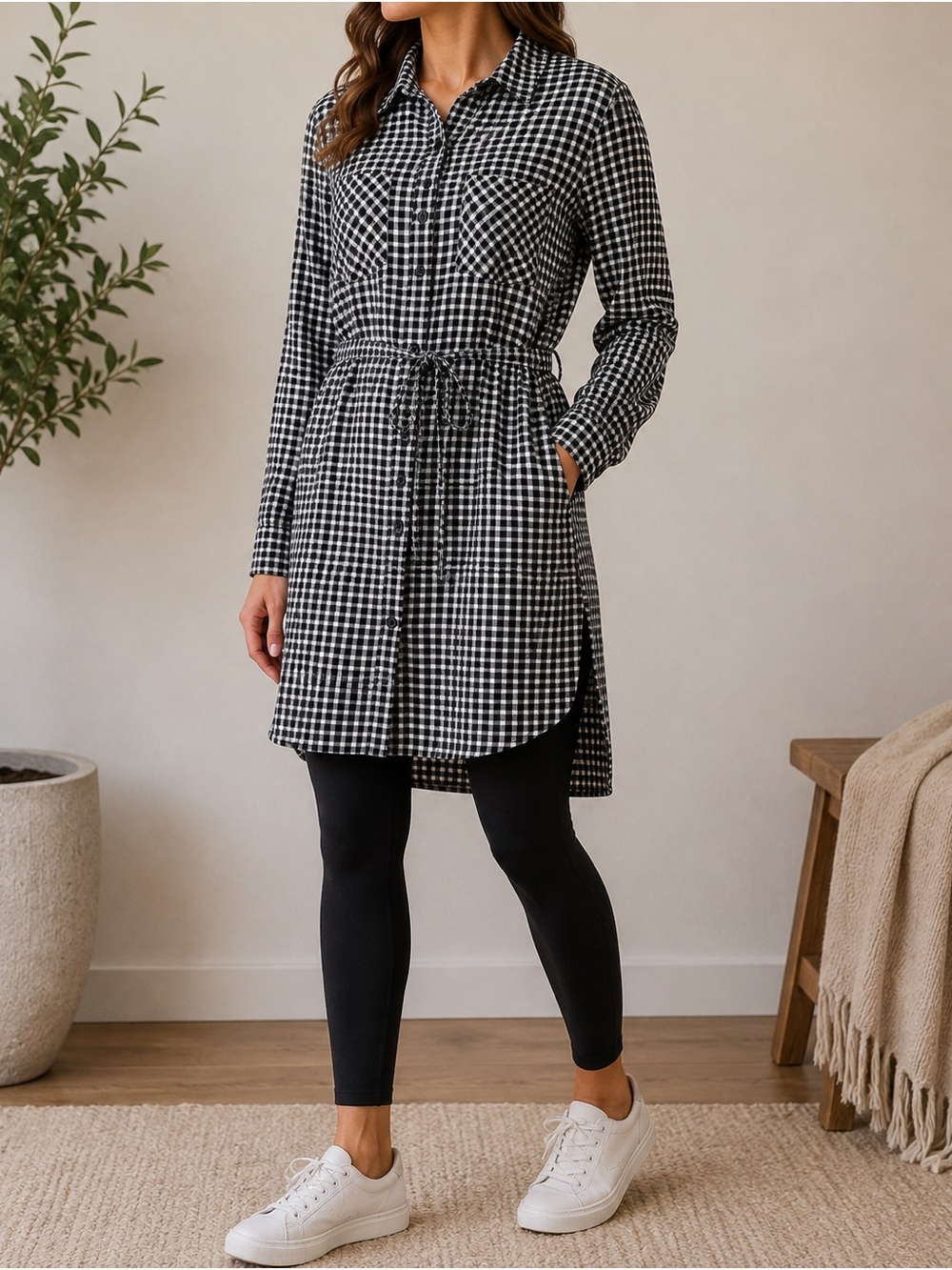 Merona Women's M Black and White Plaid Gingham Long-Sleeve Tunic Shirt Dress